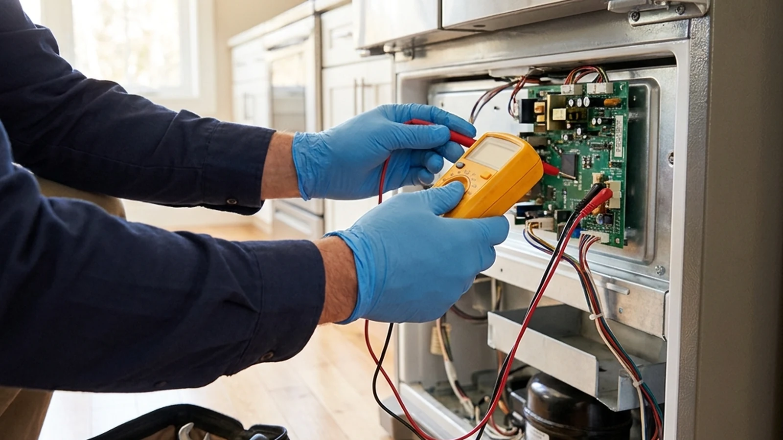 Appliance repair technician testing a refrigerator control board with a multimeter in a home kitchen