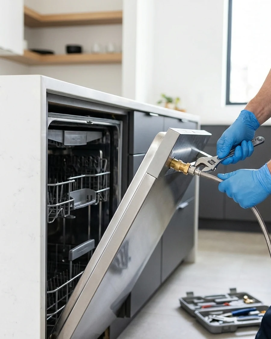 Technician reconnecting the water line on a built-in stainless dishwasher