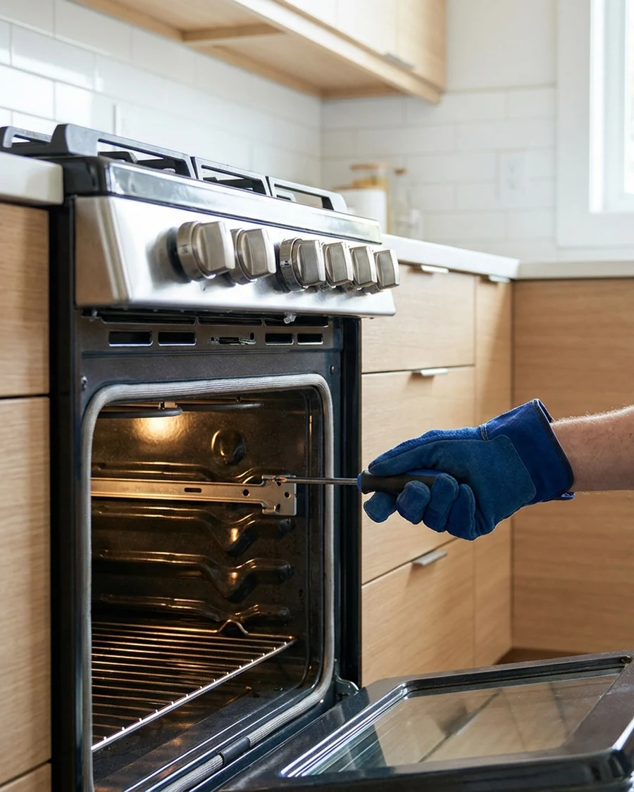 Technician servicing an open stainless steel gas range and oven in a kitchen