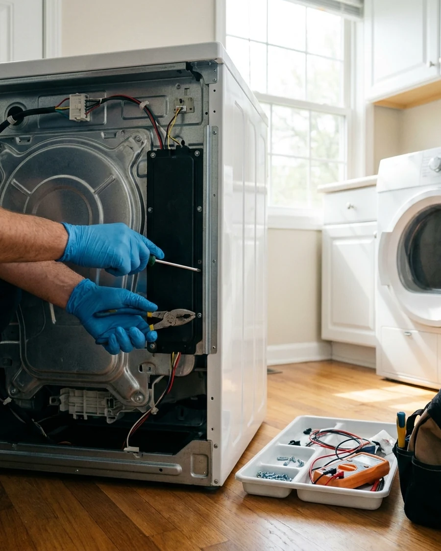 Technician repairing the back panel of a front-load washing machine in a home laundry room
